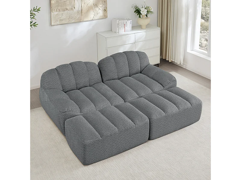 Canapé 2 places modulable en velours côtelé - avec 2 pouf - 68cm d'assise profonds - 210x165x79cm - Gris