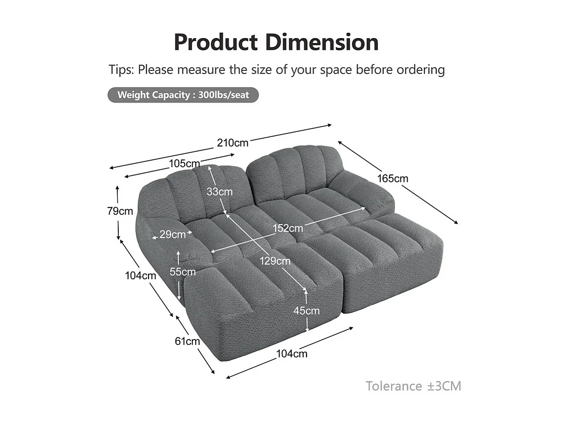 Canapé 2 places modulable en velours côtelé - avec 2 pouf - 68cm d'assise profonds - 210x165x79cm - Gris