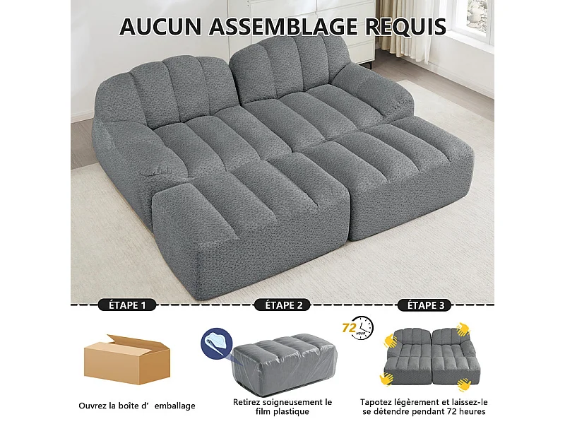Canapé 2 places modulable en velours côtelé - avec 2 pouf - 68cm d'assise profonds - 210x165x79cm - Gris