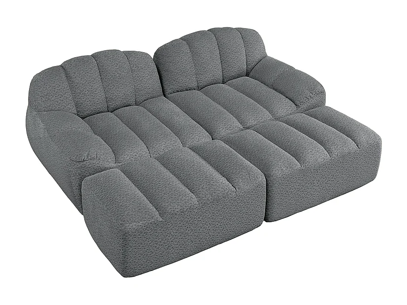 Canapé 2 places modulable en velours côtelé - avec 2 pouf - 68cm d'assise profonds - 210x165x79cm - Gris
