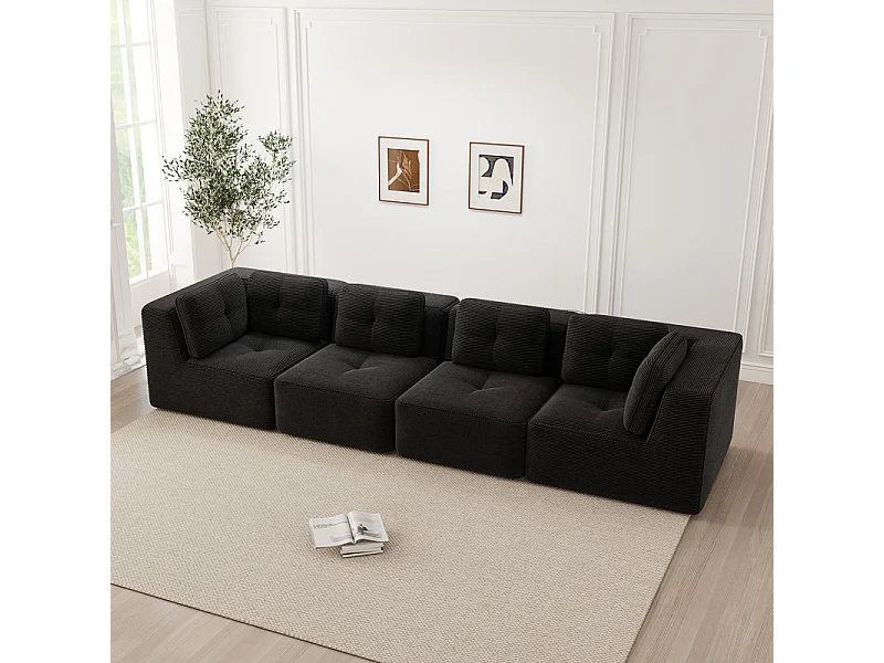 4-zits modulaire bank, met 6 kussens, van geribbeld fluweel, 386x104x69cm, zwart