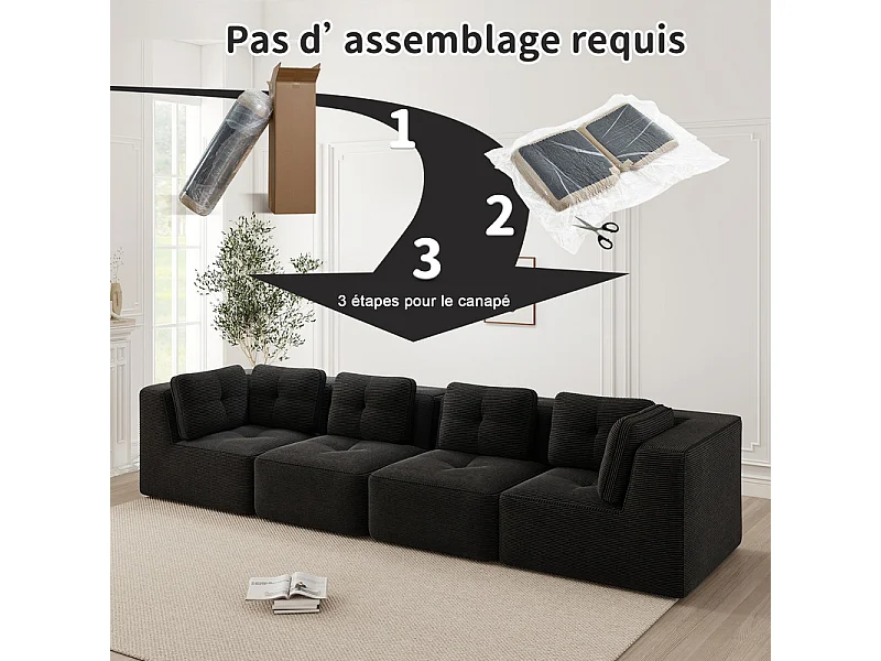 4-zits modulaire bank, met 6 kussens, van geribbeld fluweel, 386x104x69cm, zwart