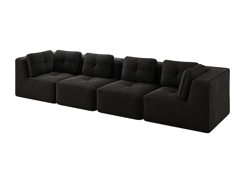 4-zits modulaire bank, met 6 kussens, van geribbeld fluweel, 386x104x69cm, zwart