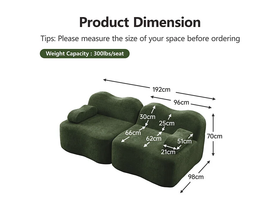 2-zits modulaire bank van fluweel, met mobiel armleuningskussen, 192x98x70cm, Groen