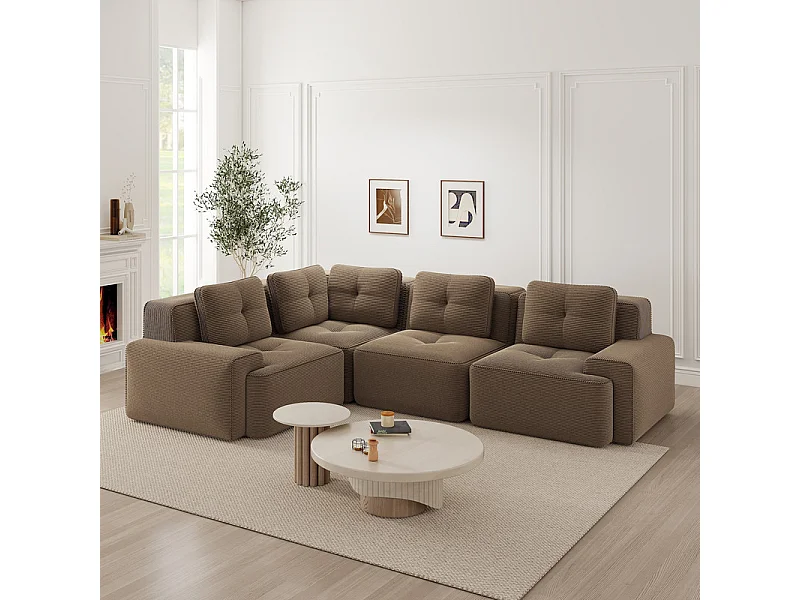 Canapé d'angle gauche modulable en velours côtelé - 4 places - avec 5 coussins - 382x177x69cm - Marron