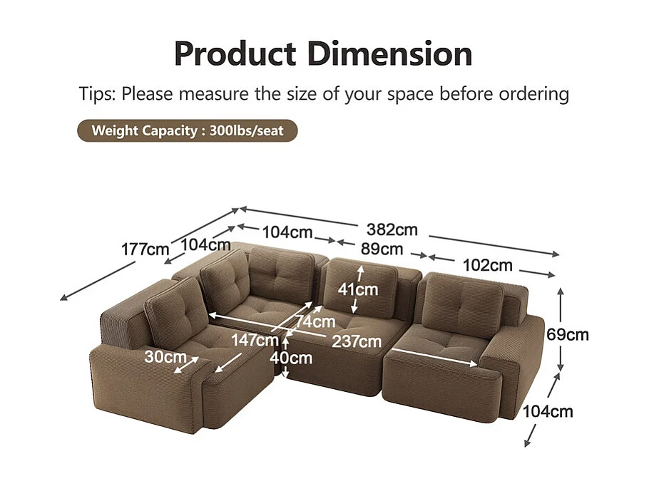 Canapé d'angle gauche modulable en velours côtelé - 4 places - avec 5 coussins - 382x177x69cm - Marron