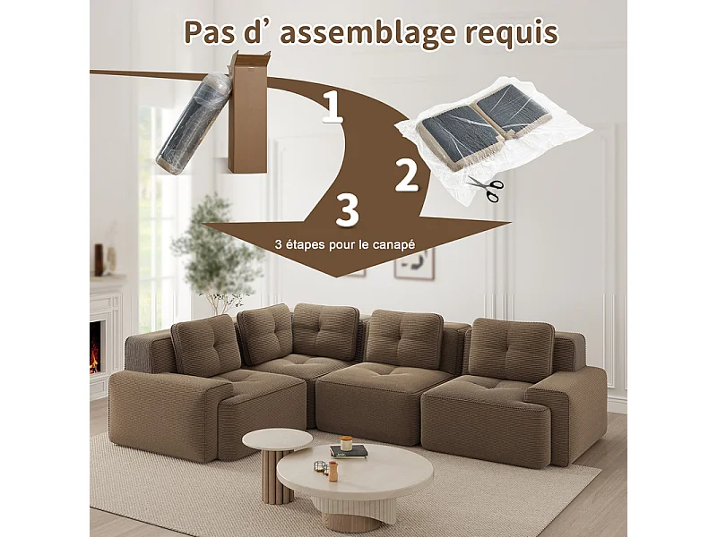 Canapé d'angle gauche modulable en velours côtelé - 4 places - avec 5 coussins - 382x177x69cm - Marron