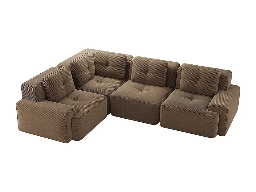 Canapé d'angle gauche modulable en velours côtelé - 4 places - avec 5 coussins - 382x177x69cm - Marron