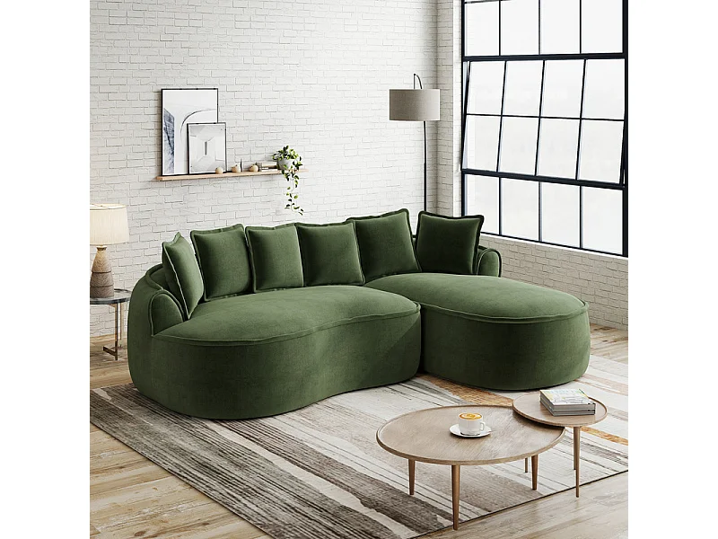 Canapé d'angle droit modulable en tissu chenille vert, 3 places, avec 112cm méridienne, 252x164x67cm