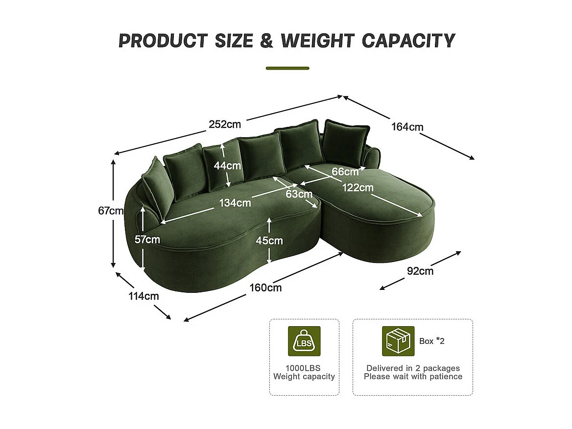 Canapé d'angle droit modulable en tissu chenille vert, 3 places, avec 112cm méridienne, 252x164x67cm