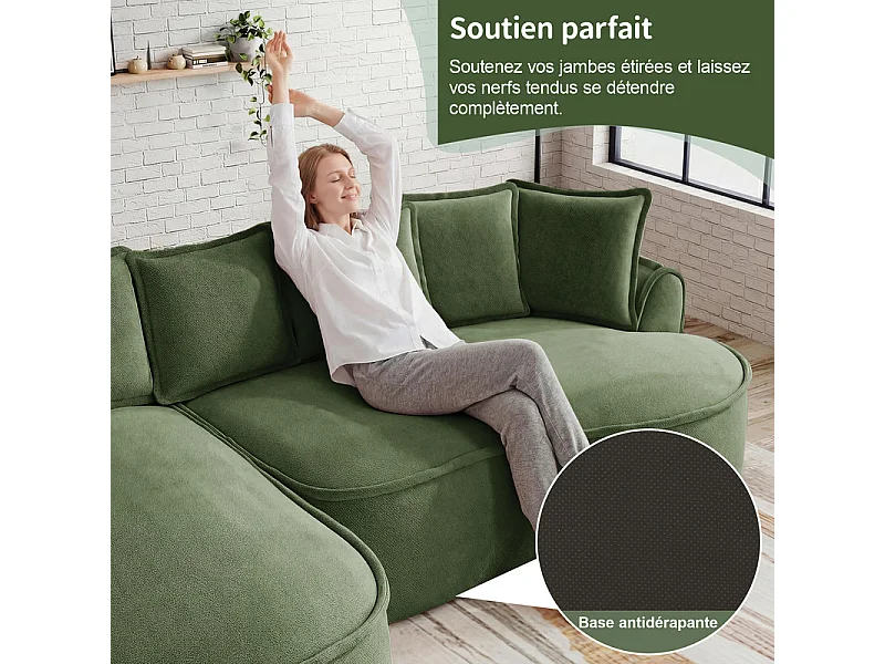 Canapé d'angle droit modulable en tissu chenille vert, 3 places, avec 112cm méridienne, 252x164x67cm