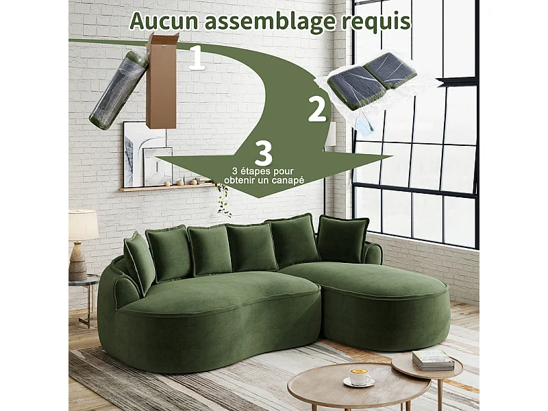 Canapé d'angle droit modulable en tissu chenille vert, 3 places, avec 112cm méridienne, 252x164x67cm