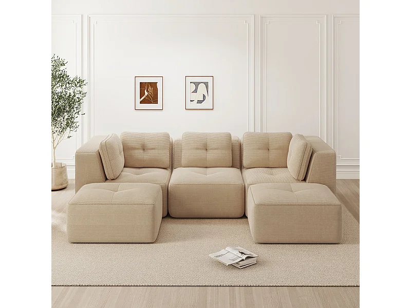 Canapé d'angle modulable en U en velours côtelé - avec 2 pouf - 297x177x69cm - Beige