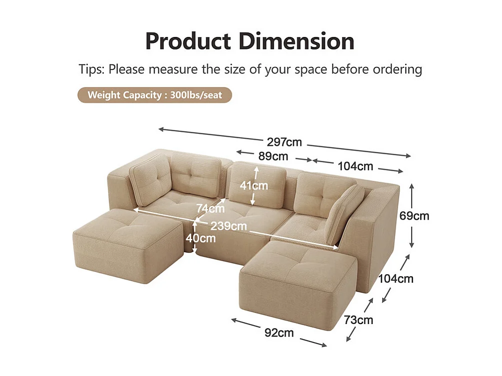 Canapé d'angle modulable en U en velours côtelé - avec 2 pouf - 297x177x69cm - Beige