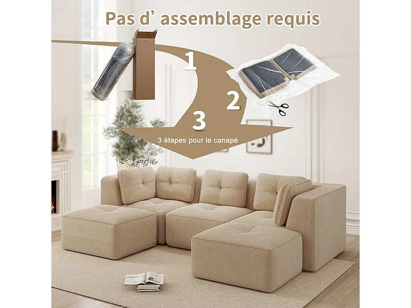 Canapé d'angle modulable en U en velours côtelé - avec 2 pouf - 297x177x69cm - Beige