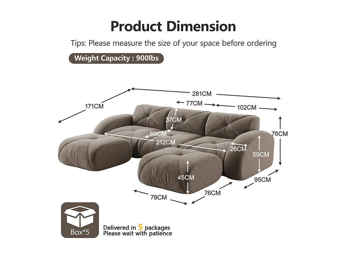 Canapé d'angle 3 places modulable en tissu chenille, avec 2 pouf, 281x171x76cm, Marron