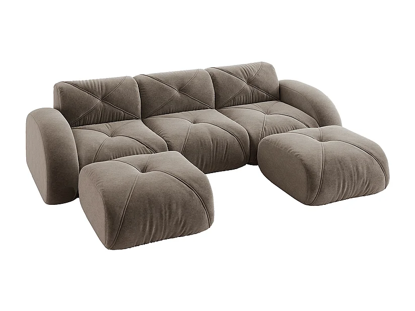 Canapé d'angle 3 places modulable en tissu chenille, avec 2 pouf, 281x171x76cm, Marron