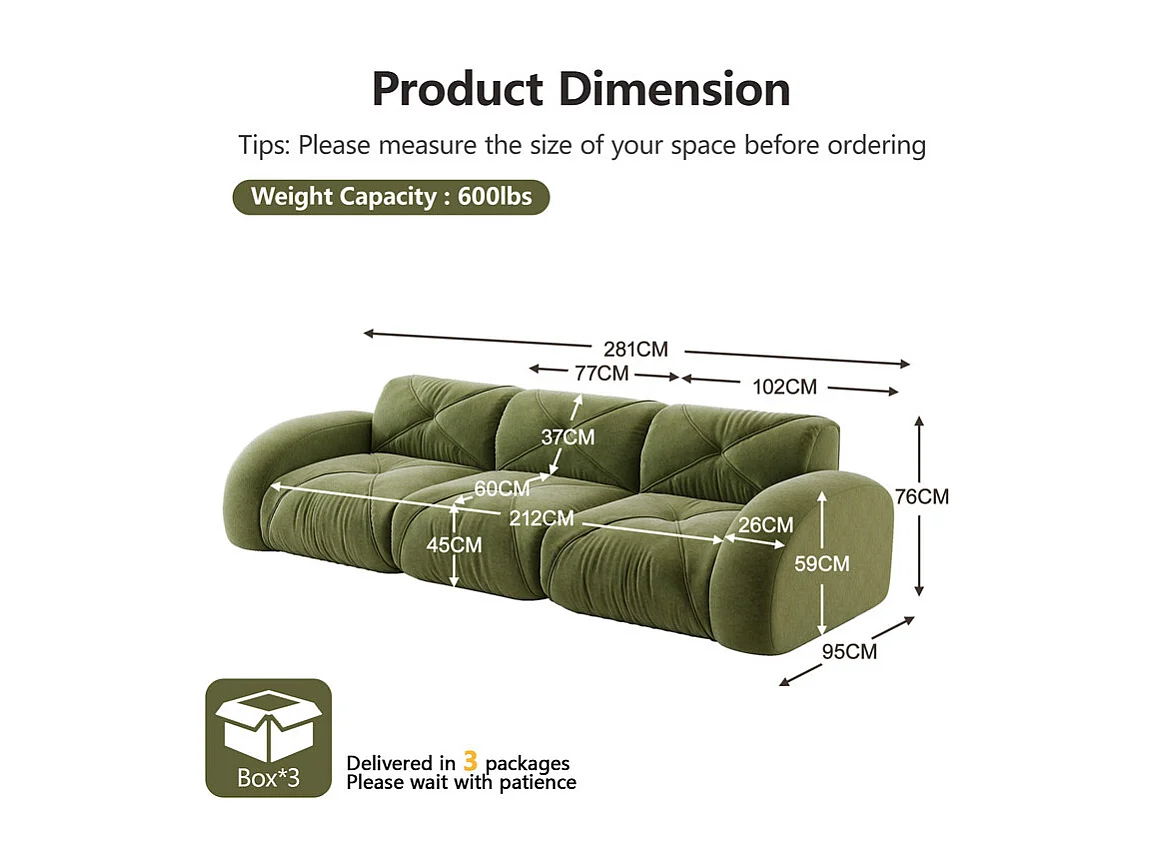 Canapé 3 places modulable en tissu chenille, 281x95x76cm, Vert