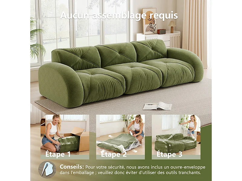 Canapé 3 places modulable en tissu chenille, 281x95x76cm, Vert