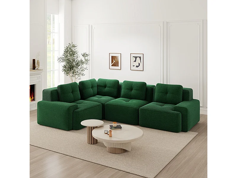 Canapé d'angle gauche modulable en velours côtelé - 4 places - avec 5 coussins - 382x177x69cm - Vert