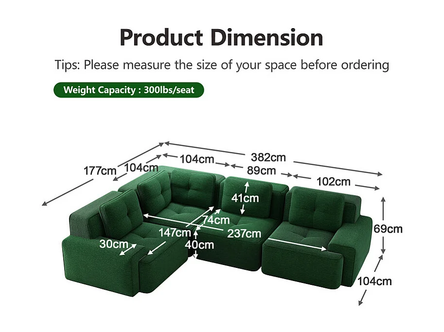 Canapé d'angle gauche modulable en velours côtelé - 4 places - avec 5 coussins - 382x177x69cm - Vert