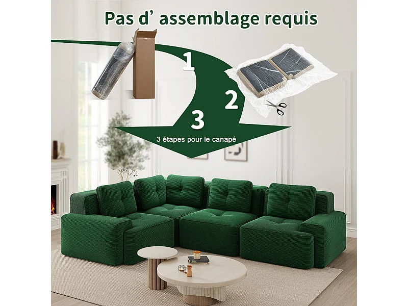Canapé d'angle gauche modulable en velours côtelé - 4 places - avec 5 coussins - 382x177x69cm - Vert