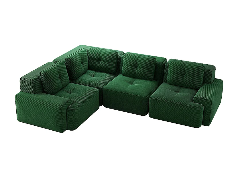 Canapé d'angle gauche modulable en velours côtelé - 4 places - avec 5 coussins - 382x177x69cm - Vert