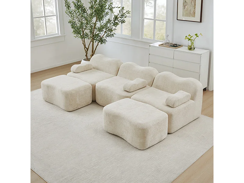 Canapé d'angle panoramique en velours, avec 2 pouf et coussin d'accoudoir, 288x167x70cm, Beige