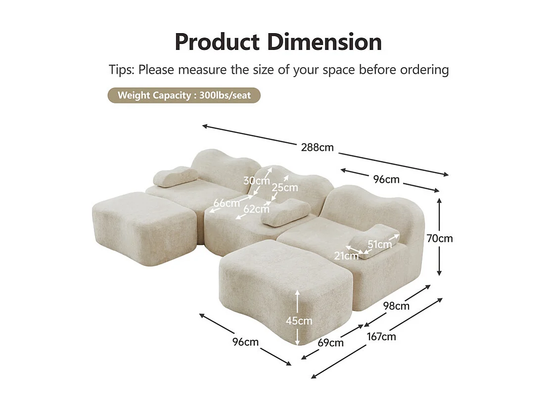 Canapé d'angle panoramique en velours, avec 2 pouf et coussin d'accoudoir, 288x167x70cm, Beige