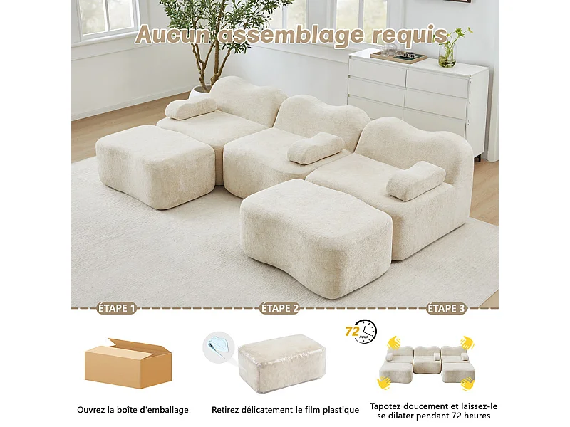 Canapé d'angle panoramique en velours, avec 2 pouf et coussin d'accoudoir, 288x167x70cm, Beige