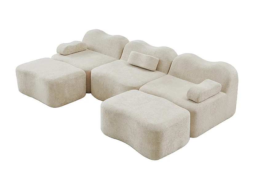 Canapé d'angle panoramique en velours, avec 2 pouf et coussin d'accoudoir, 288x167x70cm, Beige
