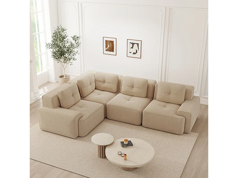 Canapé d'angle gauche modulable en velours côtelé - 4 places - avec 5 coussins - 382x177x69cm - Beige