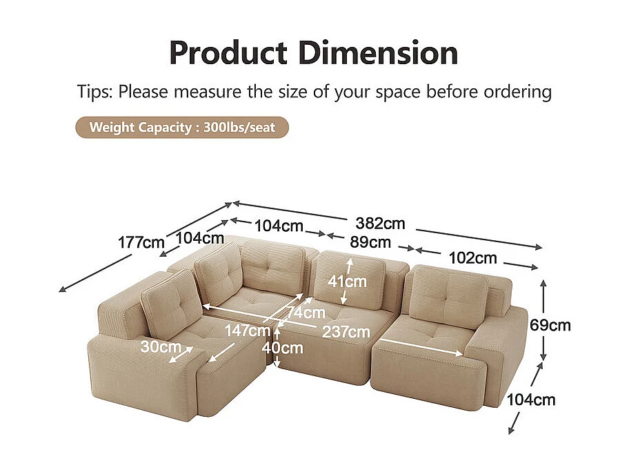 Canapé d'angle gauche modulable en velours côtelé - 4 places - avec 5 coussins - 382x177x69cm - Beige