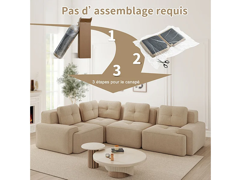 Canapé d'angle gauche modulable en velours côtelé - 4 places - avec 5 coussins - 382x177x69cm - Beige