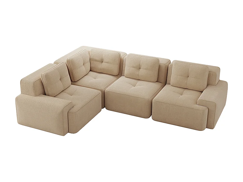 Canapé d'angle gauche modulable en velours côtelé - 4 places - avec 5 coussins - 382x177x69cm - Beige