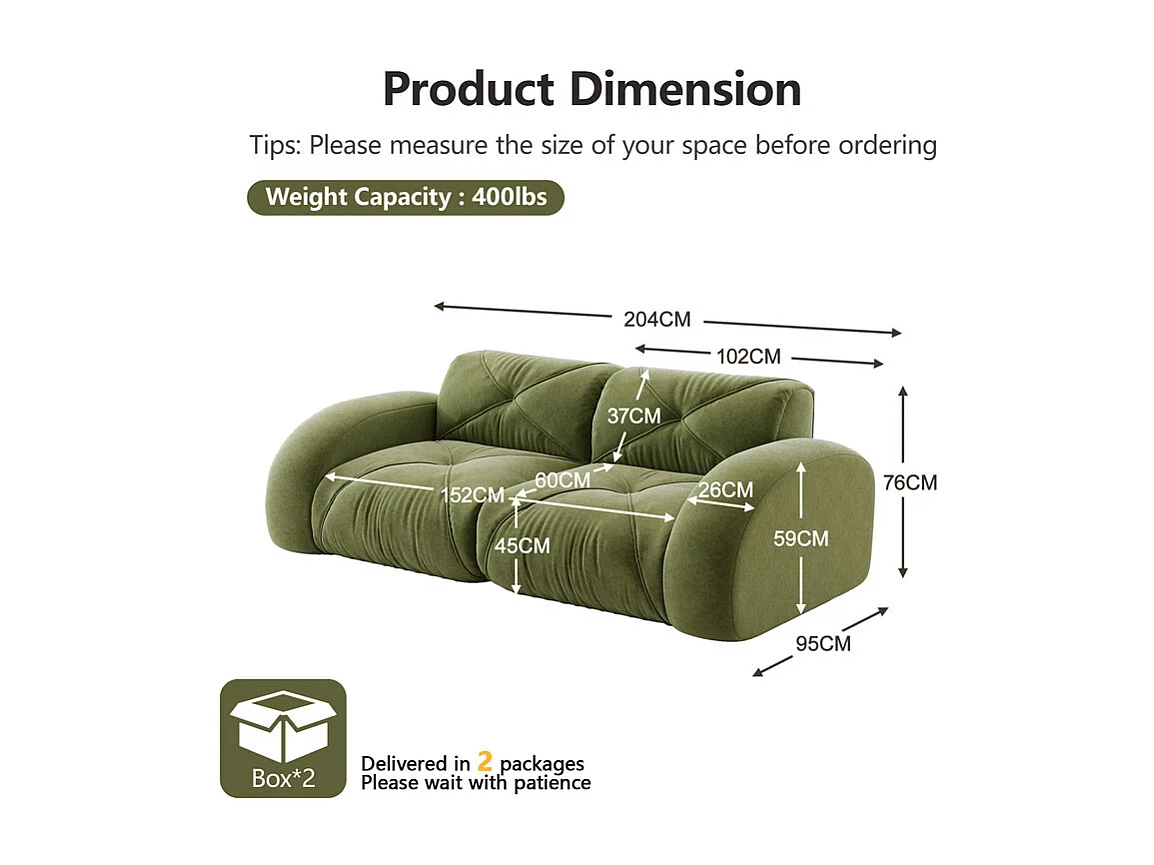 Canapé 2 places modulable en tissu chenille, 204x95x76cm, Vert