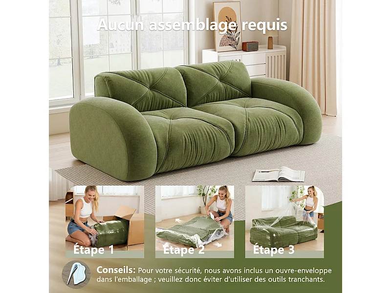 Canapé 2 places modulable en tissu chenille, 204x95x76cm, Vert