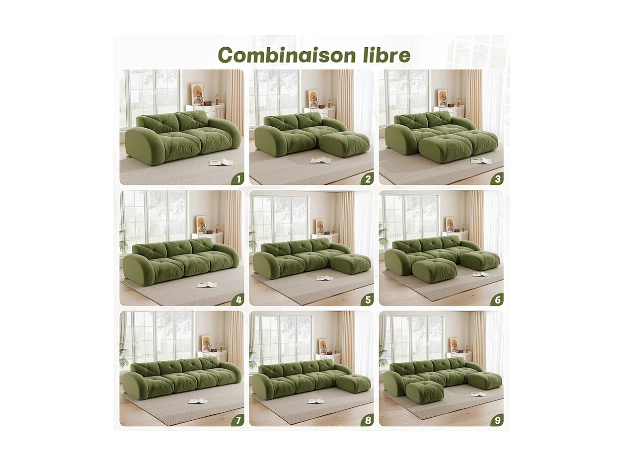 Canapé 2 places modulable en tissu chenille, 204x95x76cm, Vert