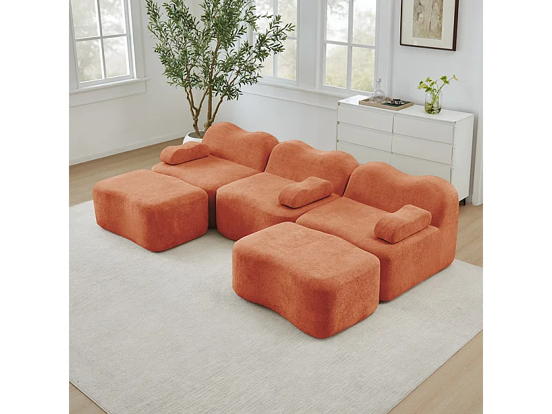 Canapé d'angle panoramique en velours, avec 2 pouf et coussin d'accoudoir, 288x167x70cm, Orange