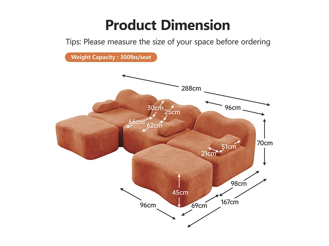 Canapé d'angle panoramique en velours, avec 2 pouf et coussin d'accoudoir, 288x167x70cm, Orange