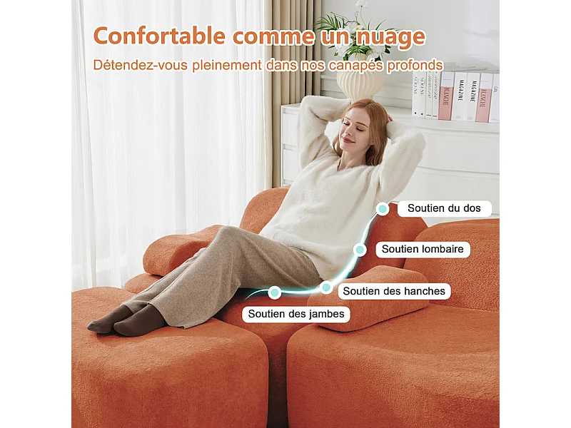Canapé d'angle panoramique en velours, avec 2 pouf et coussin d'accoudoir, 288x167x70cm, Orange