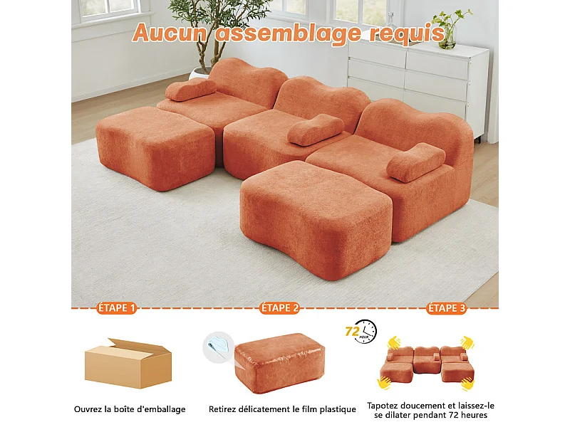 Canapé d'angle panoramique en velours, avec 2 pouf et coussin d'accoudoir, 288x167x70cm, Orange
