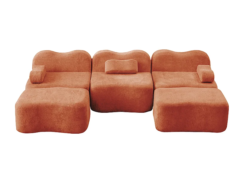 Canapé d'angle panoramique en velours, avec 2 pouf et coussin d'accoudoir, 288x167x70cm, Orange