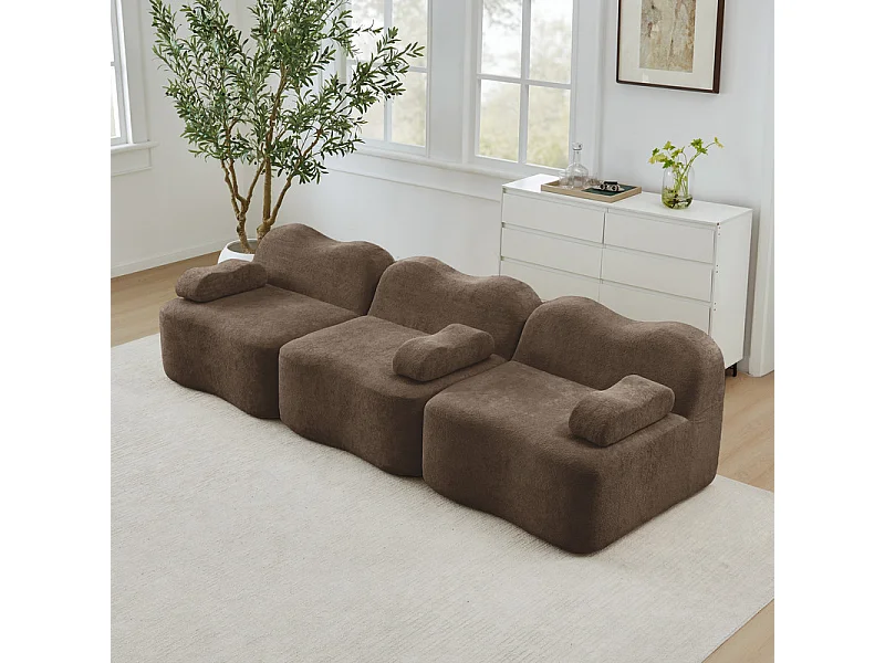 Canapé 3 places modulable forme vague en velours, avec coussin d'accoudoir, 288x98x70cm, Marron