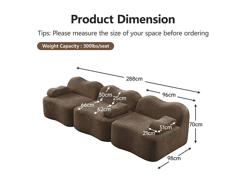 Canapé 3 places modulable forme vague en velours, avec coussin d'accoudoir, 288x98x70cm, Marron