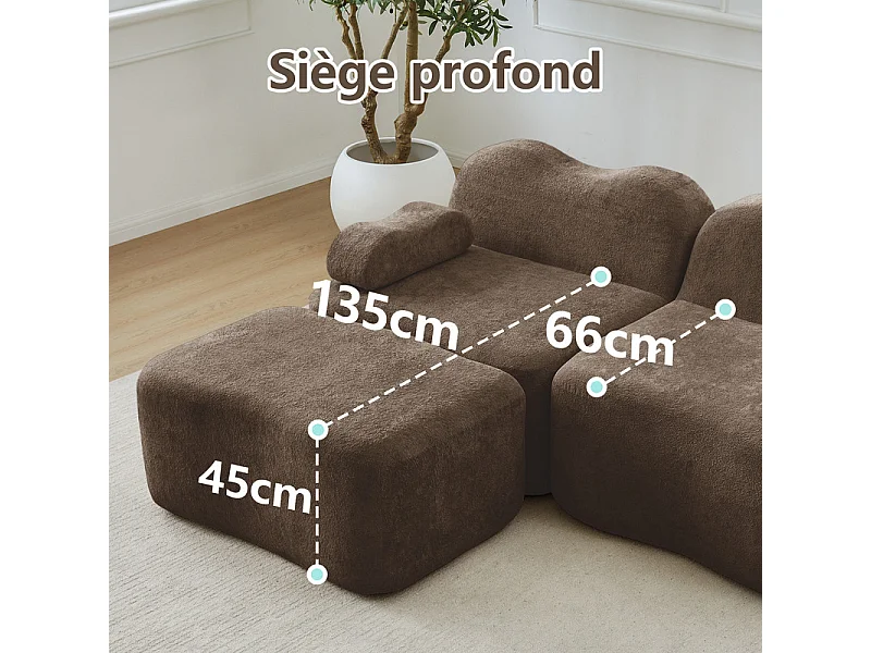 Canapé 3 places modulable forme vague en velours, avec coussin d'accoudoir, 288x98x70cm, Marron