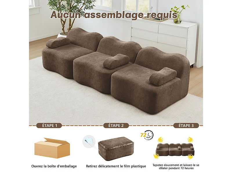 Canapé 3 places modulable forme vague en velours, avec coussin d'accoudoir, 288x98x70cm, Marron