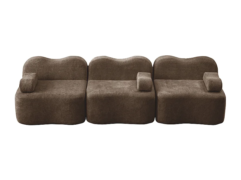 Canapé 3 places modulable forme vague en velours, avec coussin d'accoudoir, 288x98x70cm, Marron