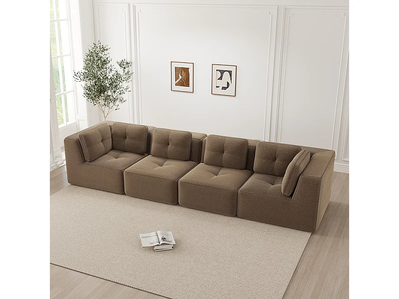 Canapé 4 places modulable, avec 6 coussins, en velours côtelé, 386x104x69cm, Marron