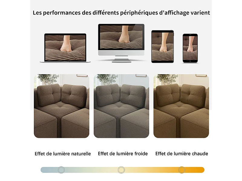 Canapé 4 places modulable, avec 6 coussins, en velours côtelé, 386x104x69cm, Marron